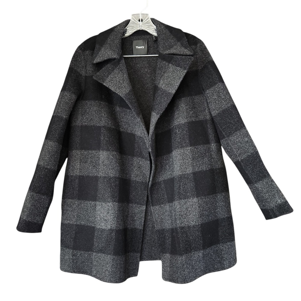 Theory Overlay DF Check Wool Coat Jacket Gray Black Buffalo Plaid Sz P XS 0